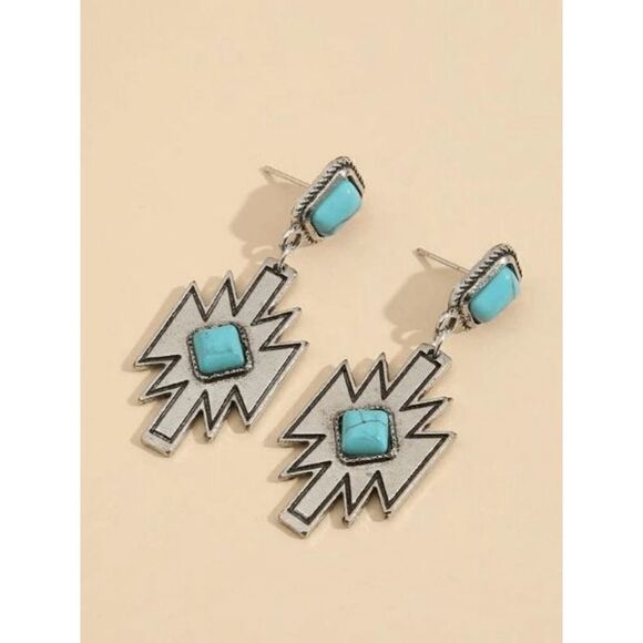 WESTERN BOHO SILVER TURQUOISE CROSS DANGLE EARRINGS - Picture 4 of 4